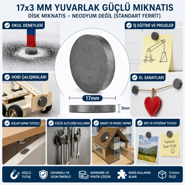 Mıknatıs 17x3 mm Yuvarlak Güçlü Mıknatıs Disk Mıknatıs