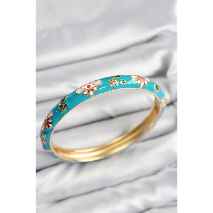 Mineli Pirinç Mavi Çiçek Motifli Gold Kadın Kelepçe