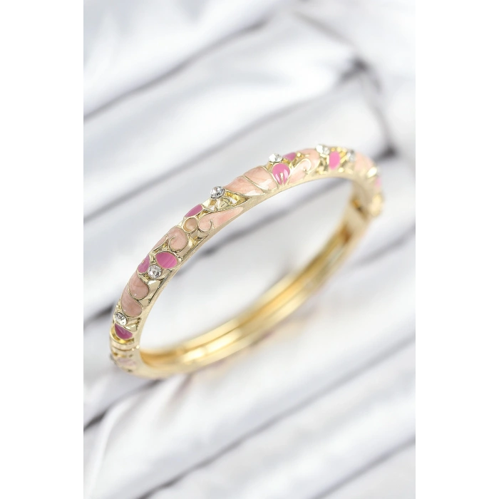 Mineli Pirinç Zirkon Taşlı Pembe Çiçek Motifli Gold Kadın Kelepçe
