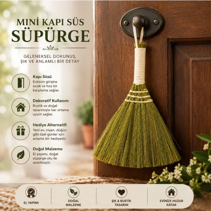Mini Süpürge Tasarımlı Kapı Süsü - Hasır Saplı - El Yapımı Rustik Dekor