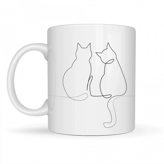 Minimal Çizim İki Kedi Desenli Porselen Kupa MODEL 77 – Sevgi Temalı Şık Tasarım, Kahve & Çay Kupası