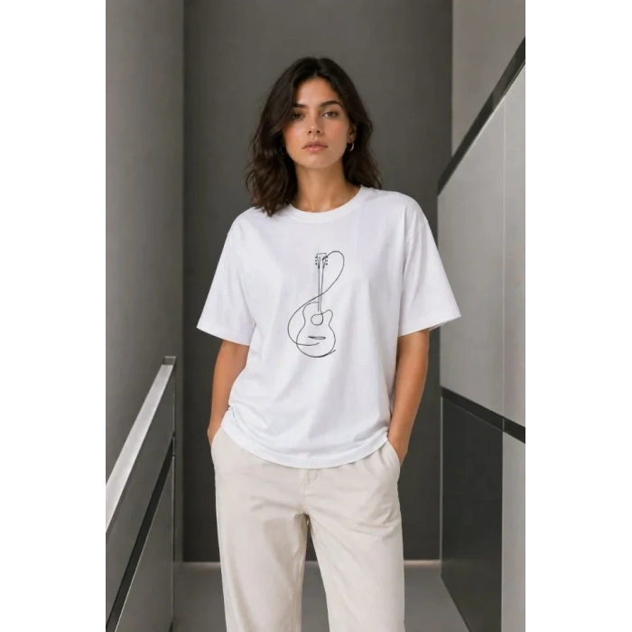 Minimal Gitar Baskılı Tişört T-Shirt Yazlık Kısa Kol Bisiklet Yaka T-Shirt  - Beyaz