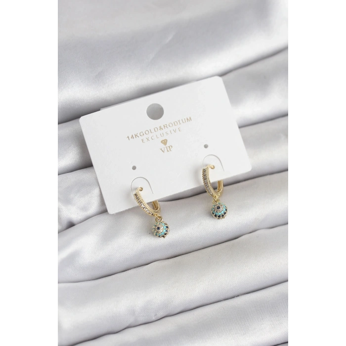 Minimal Nazarlı Model Gold Renk Zirkon Taşlı Kadın Küpe