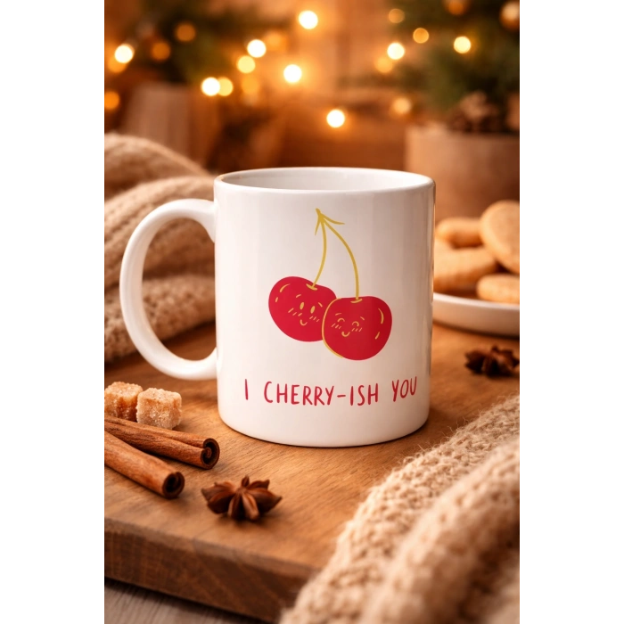 Model 26 – I Cherry-Ish You Yazılı Sevimli Kiraz Tasarımlı Porselen Kupa - Aşk Dolu Hediye Fikri