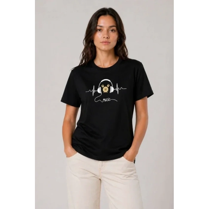 Müzik Temalı Baskılı Tişört Bisiklet Yaka Kısa Kol T-Shirt - Siyah