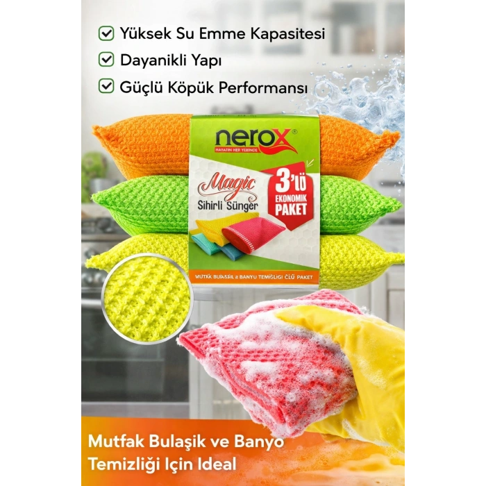 Nerox Magic Sihirli Sünger 3lü 1 Paket Çok Amaçlı Temizlik Süngeri Bulaşık Mutfak Banyo Temizlik Süngeri