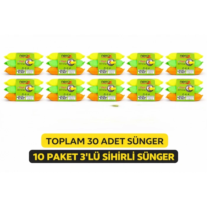 Nerox Magic Sihirli Sünger 3lü 10 Paket Toplam 30 Adet Çok Amaçlı Temizlik Süngeri Mutfak Bulaşık Banyo Temizlik Süngeri