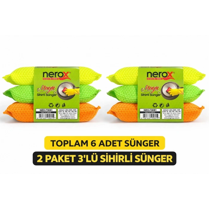 Nerox Magic Sihirli Sünger 3lü 2 Paket Toplam 6 Adet Çok Amaçlı Temizlik Süngeri Mutfak Bulaşık Banyo Temizlik Süngeri
