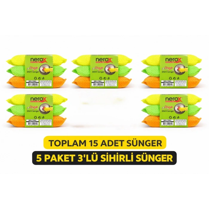 Nerox Magic Sihirli Sünger 3lü 5 Paket Toplam 15 Adet Çok Amaçlı Temizlik Süngeri Mutfak Bulaşık Banyo Temizlik Süngeri
