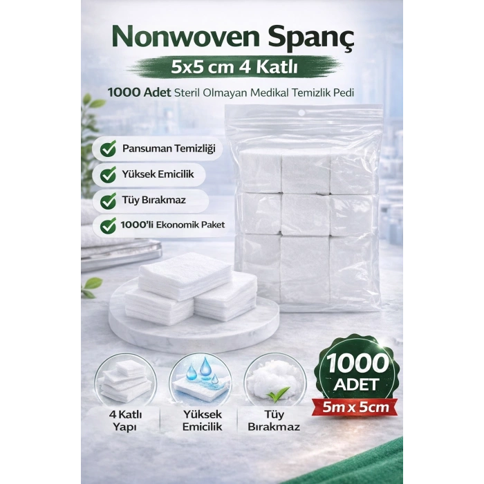 Nonwoven Spanç 5x5 cm 4 Katlı 1000 Adet Steril Olmayan Medikal Temizlik Pedi