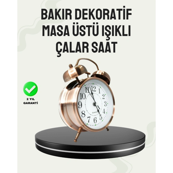 Nostaljik Büyük Boy Metal Masa Saati Bronz Kaplama ve Yüksek Sesli Alarm
