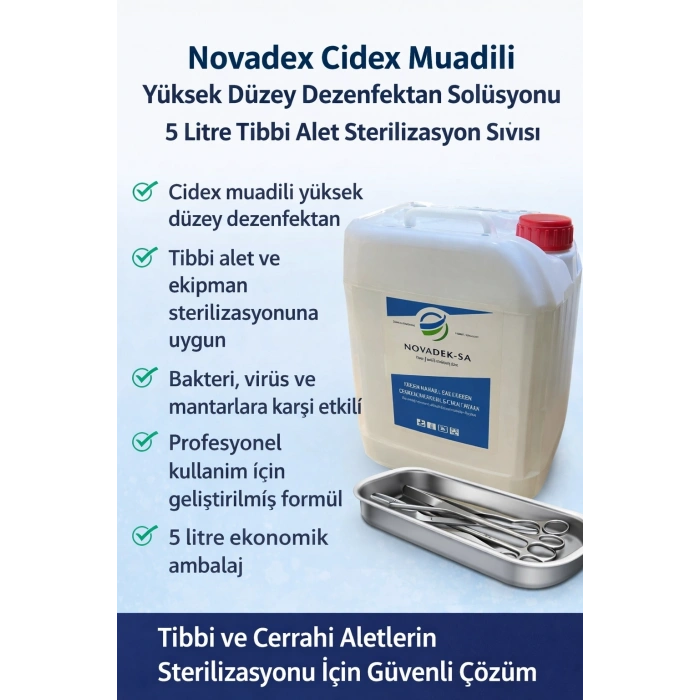 Novadex Cidex Muadili Yüksek Düzey Dezenfektan Solüsyonu 5 Litre Tıbbi Alet Sterilizasyon Sıvısı