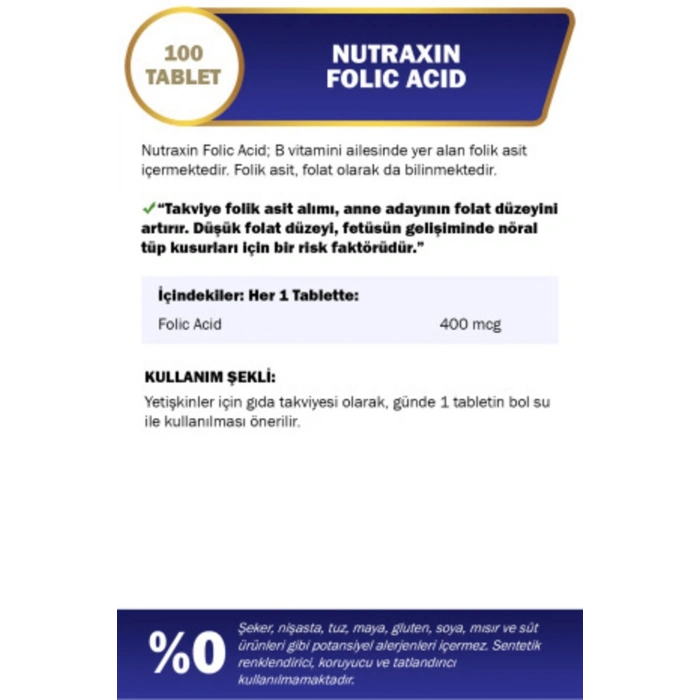 Nutraxin Folic Acid 400 mcg 100 Tablet