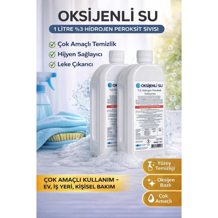 Oksijenli Su 1 Litre 2 Adet Set %3 Hidrojen Peroksit Solüsyonu Çok Amaçlı Temizlik ve Hijyen Sıvısı