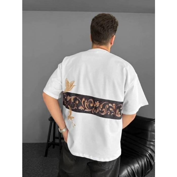 Ön Ve Arka Baskılı Oversize Bisiklet Yaka T-shirt - Beyaz