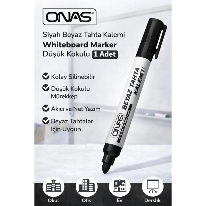 Onas Siyah Beyaz Tahta Kalemi Whiteboard Marker Düşük Kokulu 1 Adet