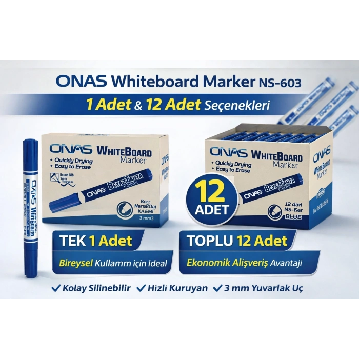 ONAS Whiteboard Marker NS-603 Mavi Tahta Kalemi 3 mm Yuvarlak Uç 1 Adet
