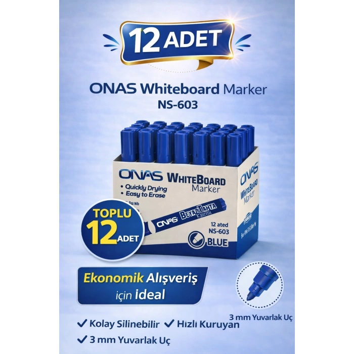 ONAS Whiteboard Marker NS-603 Mavi Tahta Kalemi 3 mm Yuvarlak Uç 12 Adet