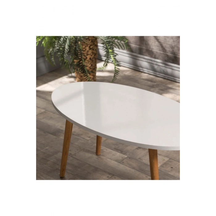 Orta Sehpa Ahşap Torna Ayak Elips Beyaz