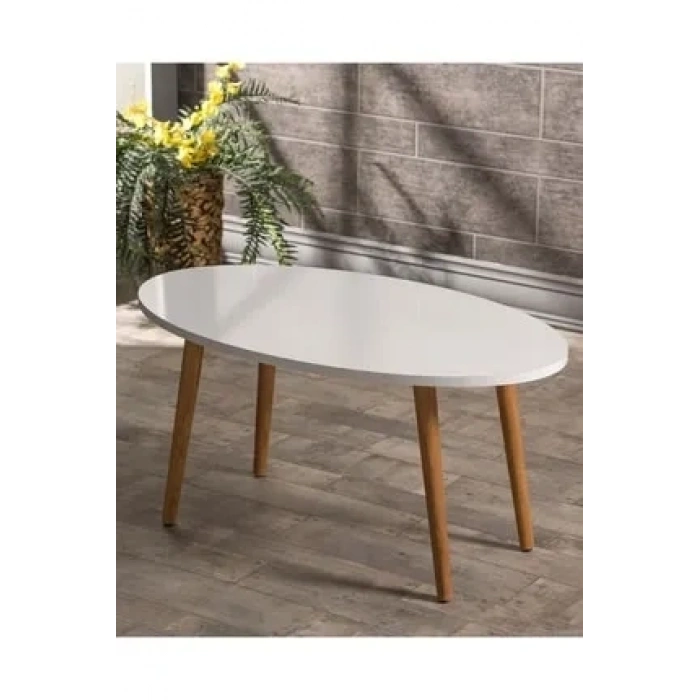 Orta Sehpa Ahşap Torna Ayak Elips Krem