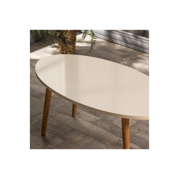 Orta Sehpa Ahşap Torna Ayak Elips Krem