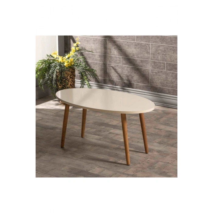 Orta Sehpa Ahşap Torna Ayak Elips Krem