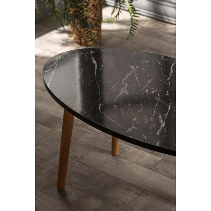 Orta Sehpa Ahşap Torna Elips Siyah Mermer Desen