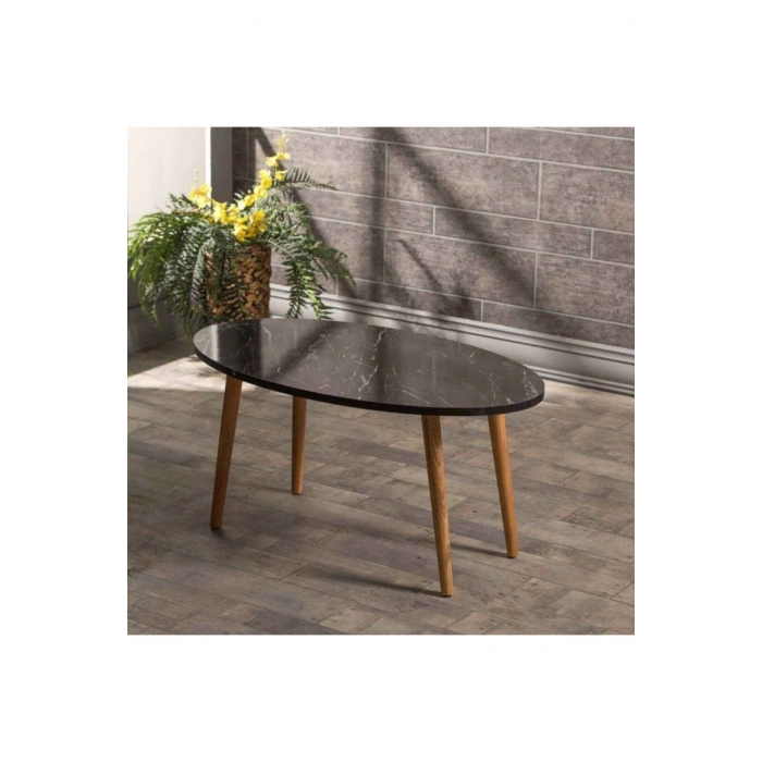 Orta Sehpa Ahşap Torna Elips Siyah Mermer Desen