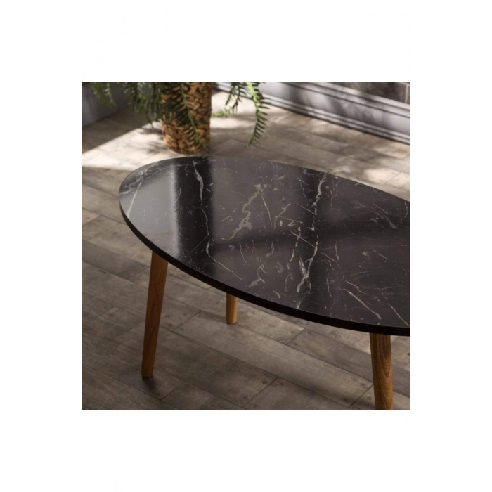 Orta Sehpa Ahşap Torna Elips Siyah Mermer Desen