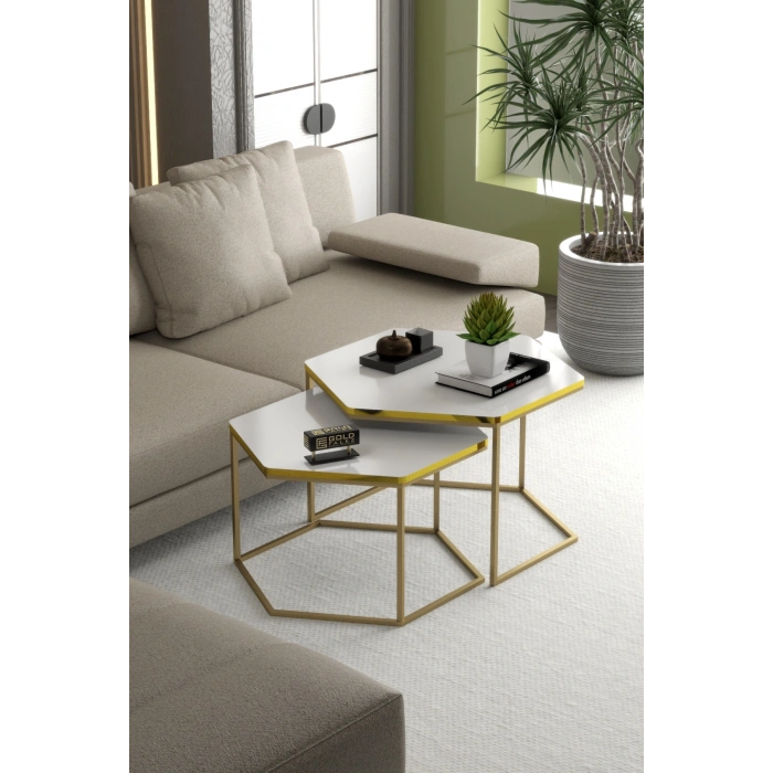 Orta Sehpa Altıgen İkili Lüx Gold Beyaz