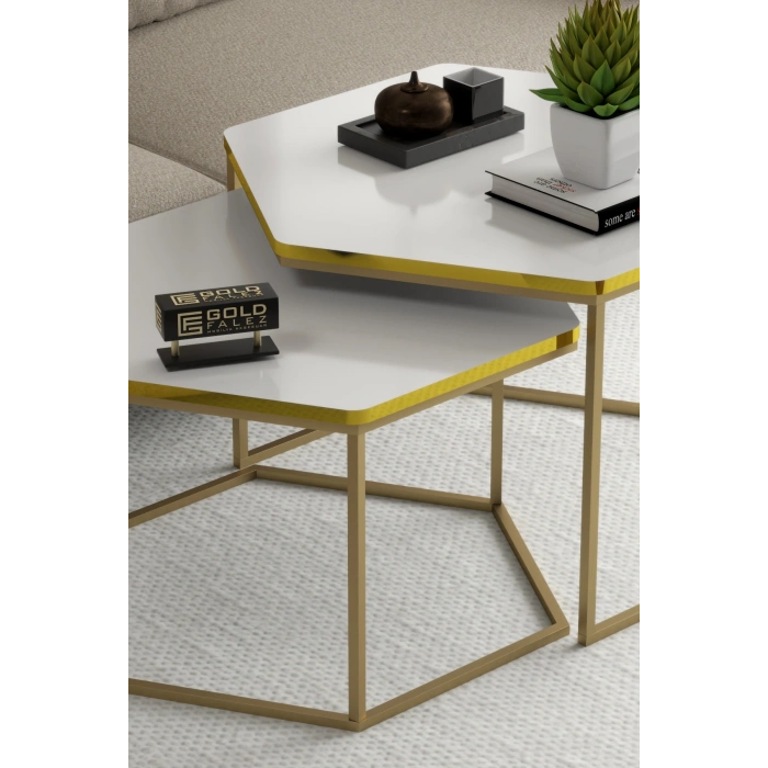 Orta Sehpa Altıgen İkili Lüx Gold Beyaz