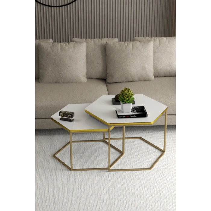 Orta Sehpa Altıgen İkili Lüx Gold Beyaz