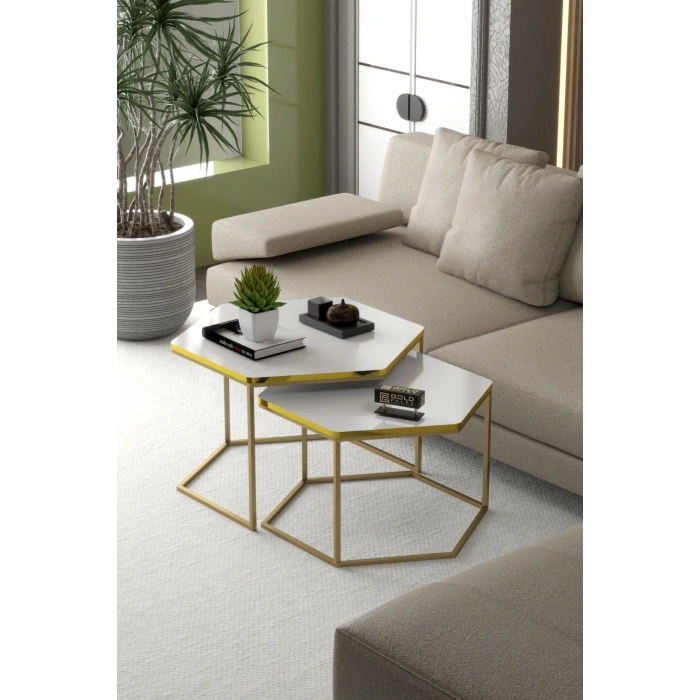 Orta Sehpa Altıgen İkili Lüx Gold Beyaz