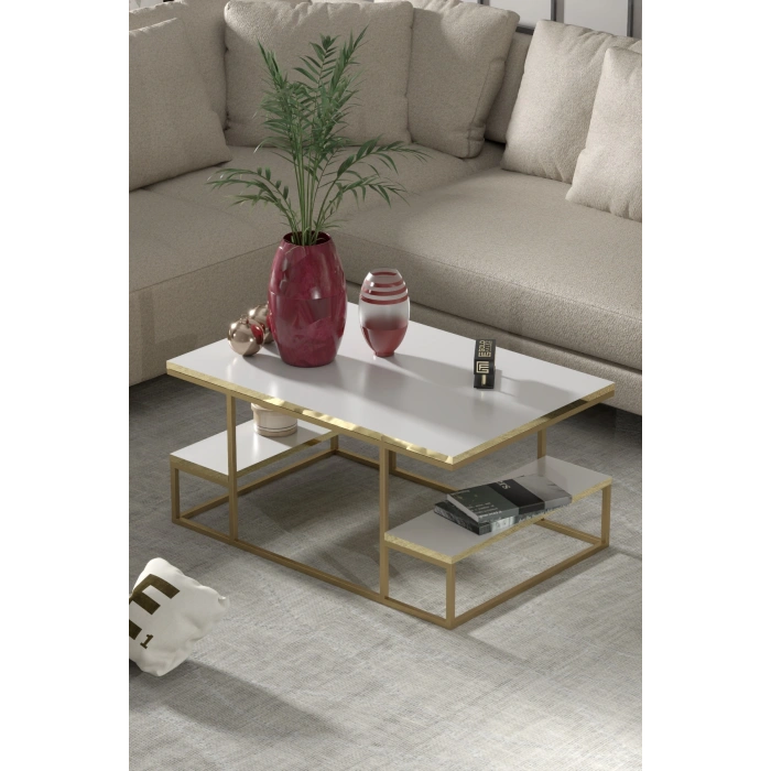 Orta Sehpa Delux Raflı Gold Beyaz