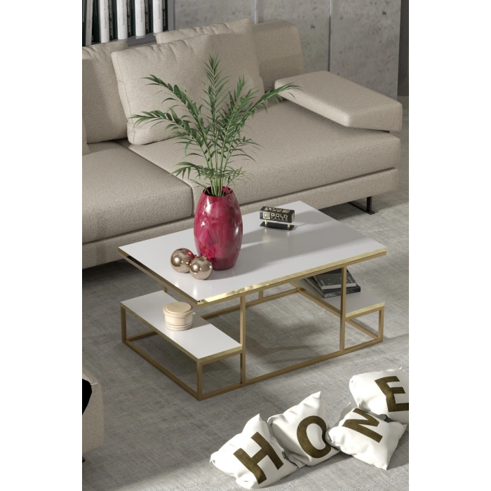 Orta Sehpa Delux Raflı Gold Beyaz