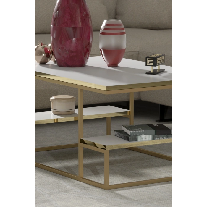 Orta Sehpa Delux Raflı Gold Beyaz