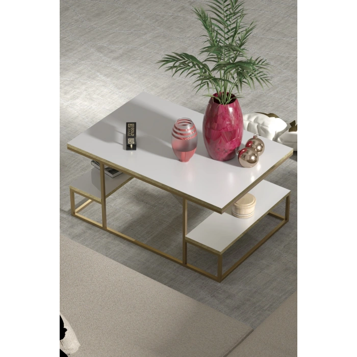 Orta Sehpa Delux Raflı Gold Beyaz