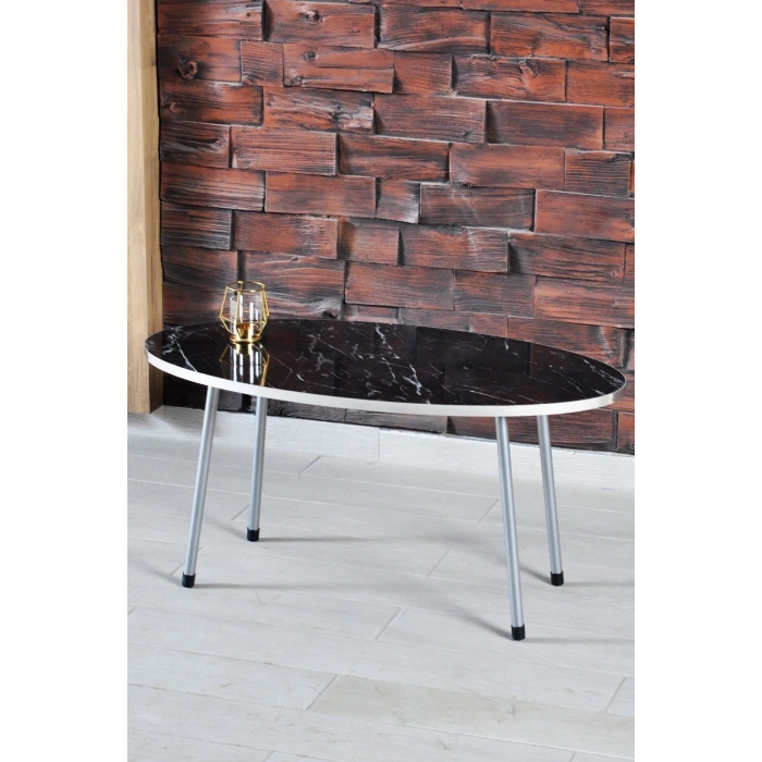 Orta Sehpa Elips Siyah Metal Ayak Gümüş Bendir