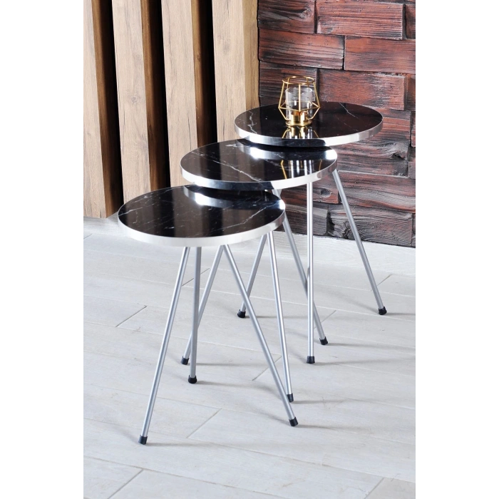 Orta Sehpa Elips Siyah Metal Ayak Gümüş Bendir