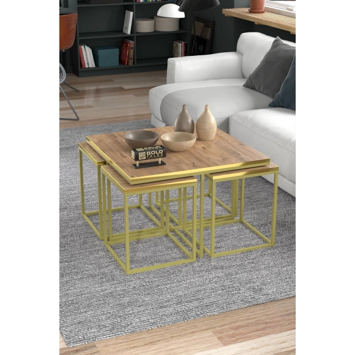 Orta Sehpa Ve Zigon Sehpa 5li Lüx Set Altın Ceviz