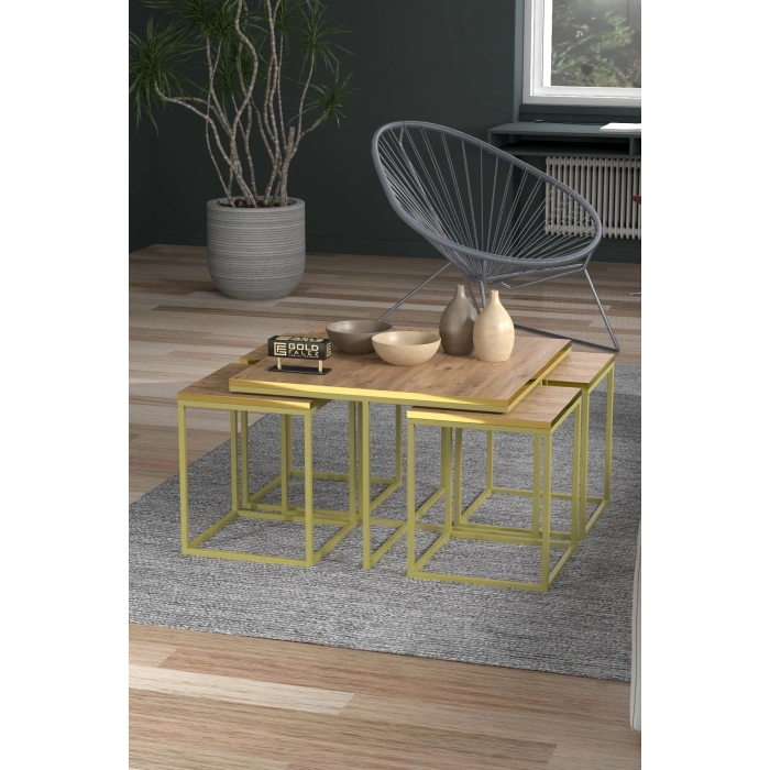 Orta Sehpa Ve Zigon Sehpa 5li Lüx Set Altın Ceviz