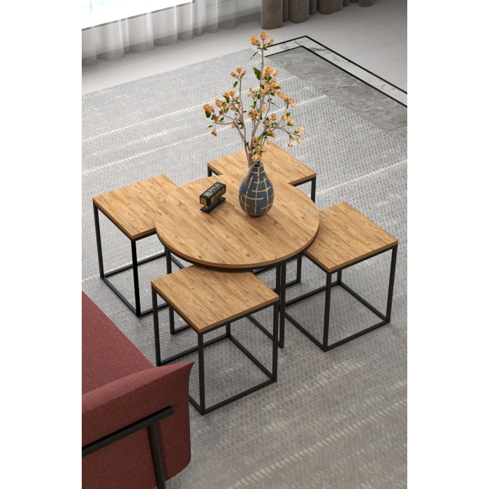 Orta Sehpa Ve Zigon Sehpa Oval Lüx 5Li Set Atlantik Çam