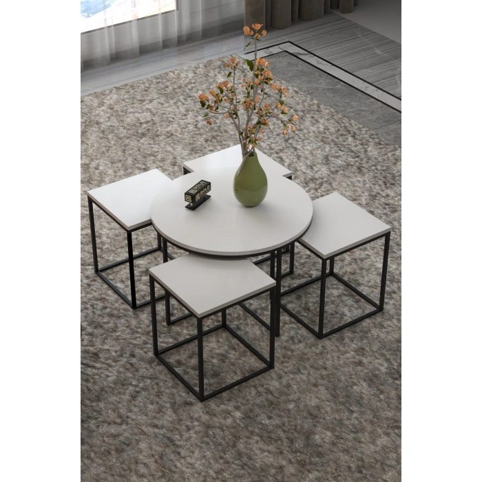 Orta Sehpa Ve Zigon Sehpa Oval Lüx 5Li Set Beyaz