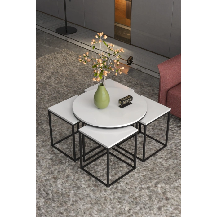 Orta Sehpa Ve Zigon Sehpa Oval Lüx 5Li Set Beyaz