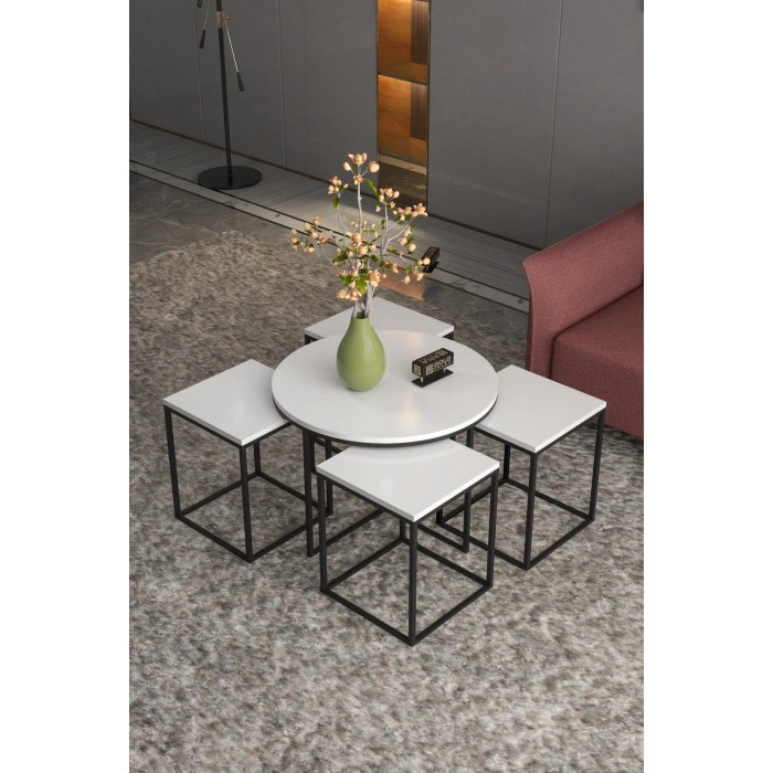 Orta Sehpa Ve Zigon Sehpa Oval Lüx 5Li Set Beyaz