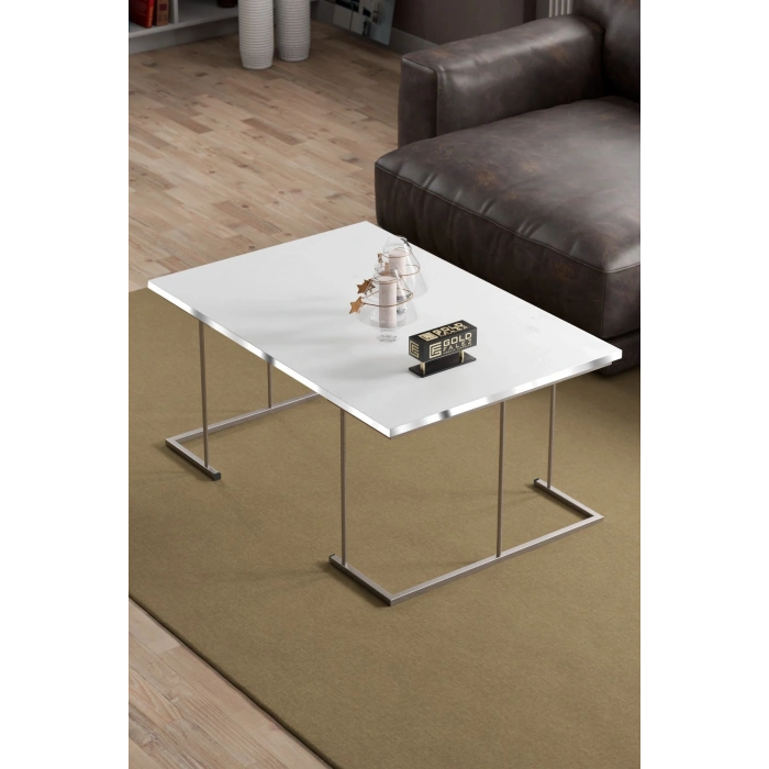 ORTA SEHPA VE ZİGON SEHPA SOLO SET GÜMÜŞ BEYAZ