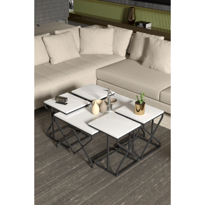 Orta Sehpa Ve Zigon Sehpa V Lüx 5Li Set Beyaz