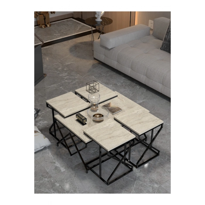 Orta Sehpa Ve Zigon Sehpa V Lüx 5Li Set Traverten