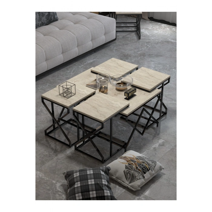 Orta Sehpa Ve Zigon Sehpa V Lüx 5Li Set Traverten