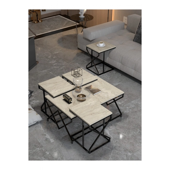 Orta Sehpa Ve Zigon Sehpa V Lüx 5Li Set Traverten